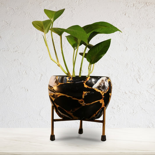 Black Gold Marble Printed Metal Pot with stand- 5 inches