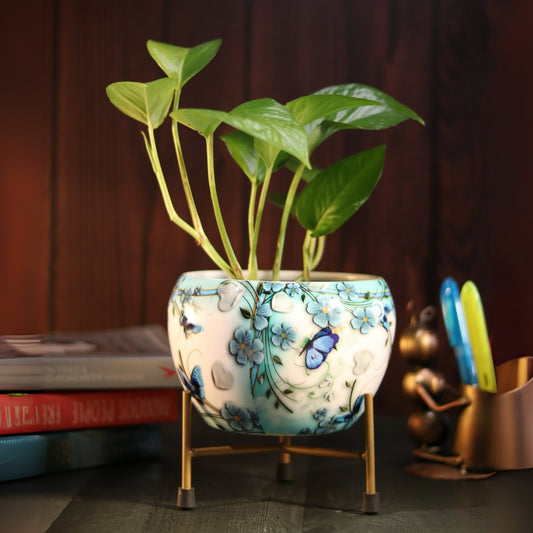 White Floral Printed Metal Pot with stand- 5 inches