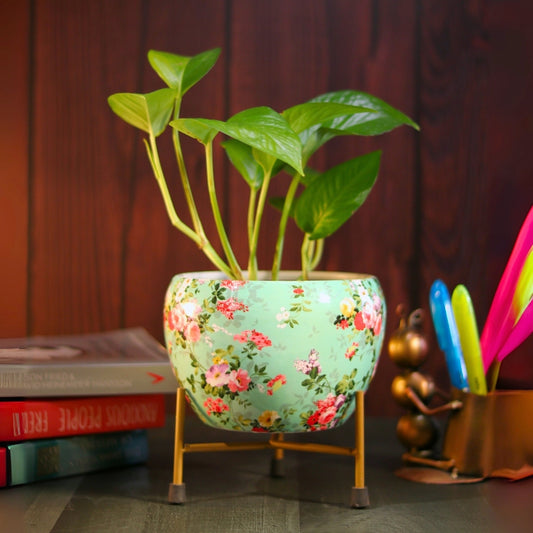 Elegant Blue Printed Metal Pot with stand- 5 inches