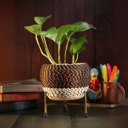 Brown Thread Woven Metal Pot with stand- 5.9 inches