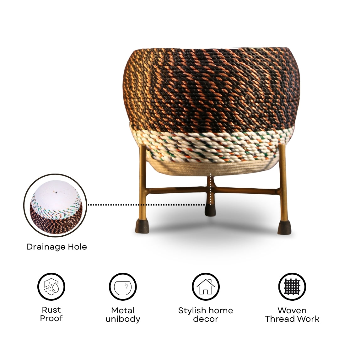 Brown Thread Woven Metal Pot with stand- 5.9 inches