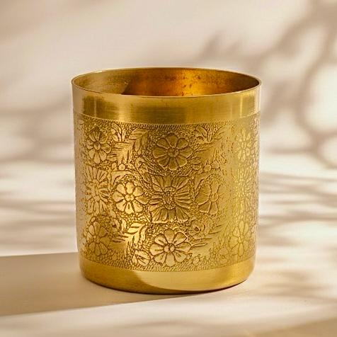 Premium Gold-Plated Floral Etched Metal Planter (Only Pot)