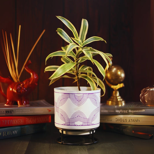 Metal Pot White with Round Stand Leaf Design for Indoor Outdoor Use, Rust-Free & Powder Coated - Pot Size: 13 x 13 cm