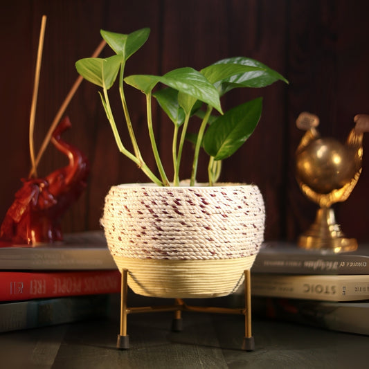 Beige Thread Woven Metal Pot with stand- 5.9 inches (Only Pot)