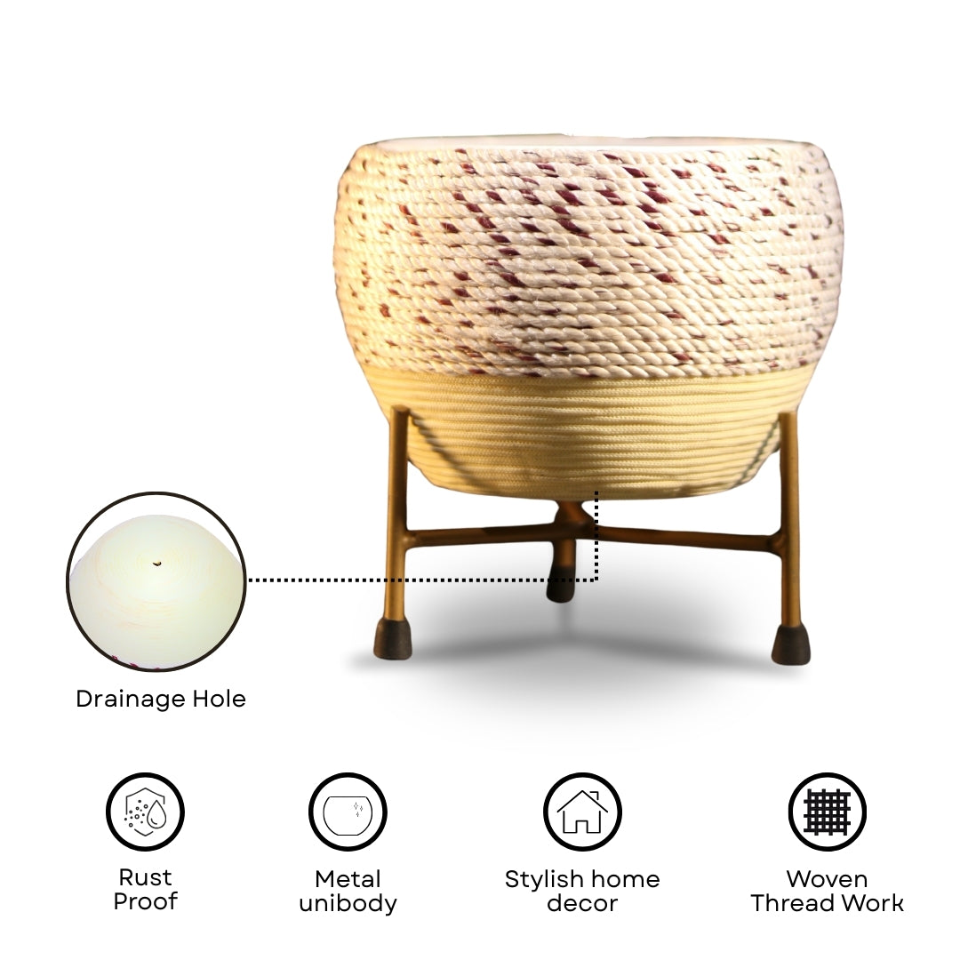 Beige Thread Woven Metal Pot with stand- 5.9 inches (Only Pot)
