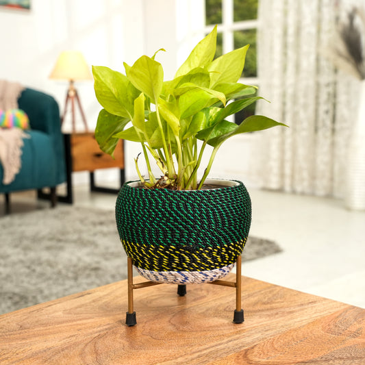 Green Thread Woven  Metal Pot with stand- 5.9 inches (Only Pot)
