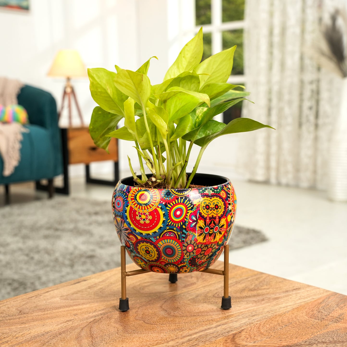 Rainbow Mandala  Printed Metal Pot with stand- 5 inches