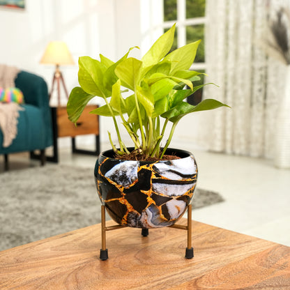 Black Gold Marble  Printed Metal Pot with stand- 5 inches