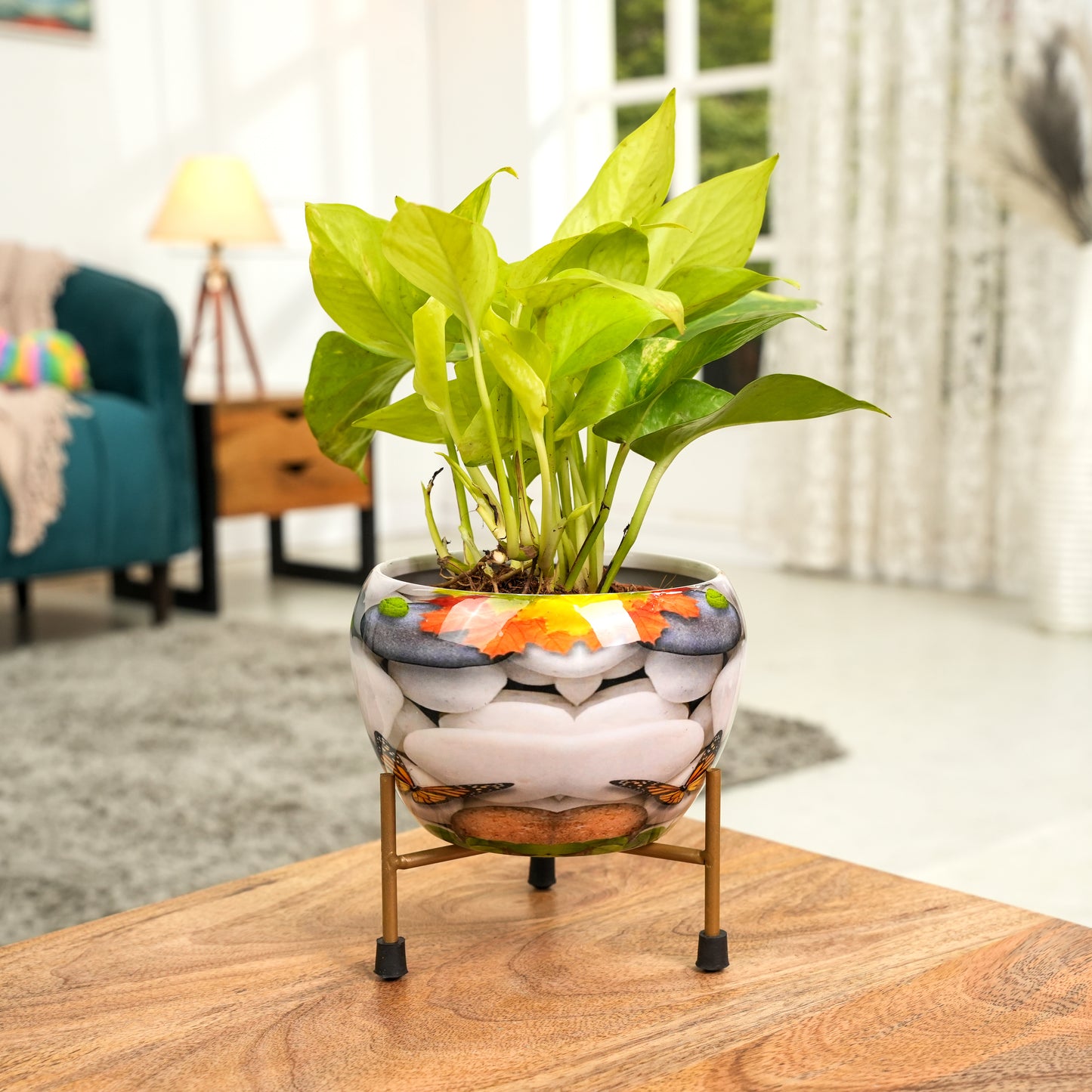 Stone  Printed Metal Pot with stand- 5 inches (Only Pot)