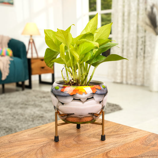 Stone  Printed Metal Pot with stand- 5 inches (Only Pot)