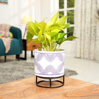 White Leaf Print Metal Pot with stand- 5 inch (Only Pot)