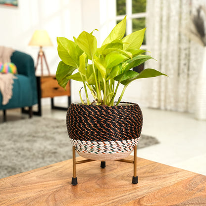 Brown Thread Woven Metal Pot with stand- 5.9 inches