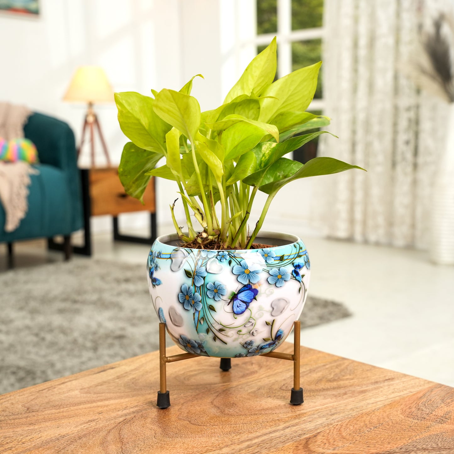 White Floral Printed Metal Pot with stand- 5 inches