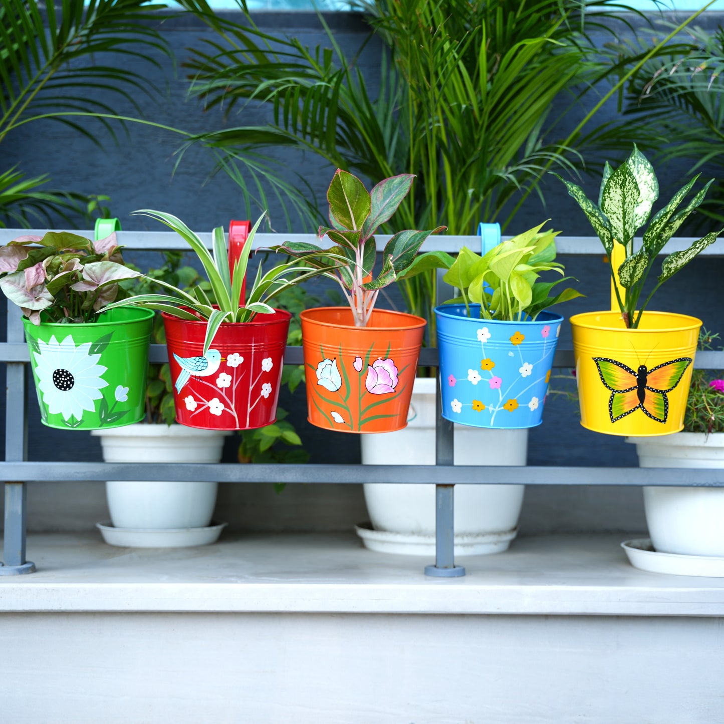 Digital Print Metal Iron Rust Proof Balcony Railing Hanging Flower Pots- Pack of 5