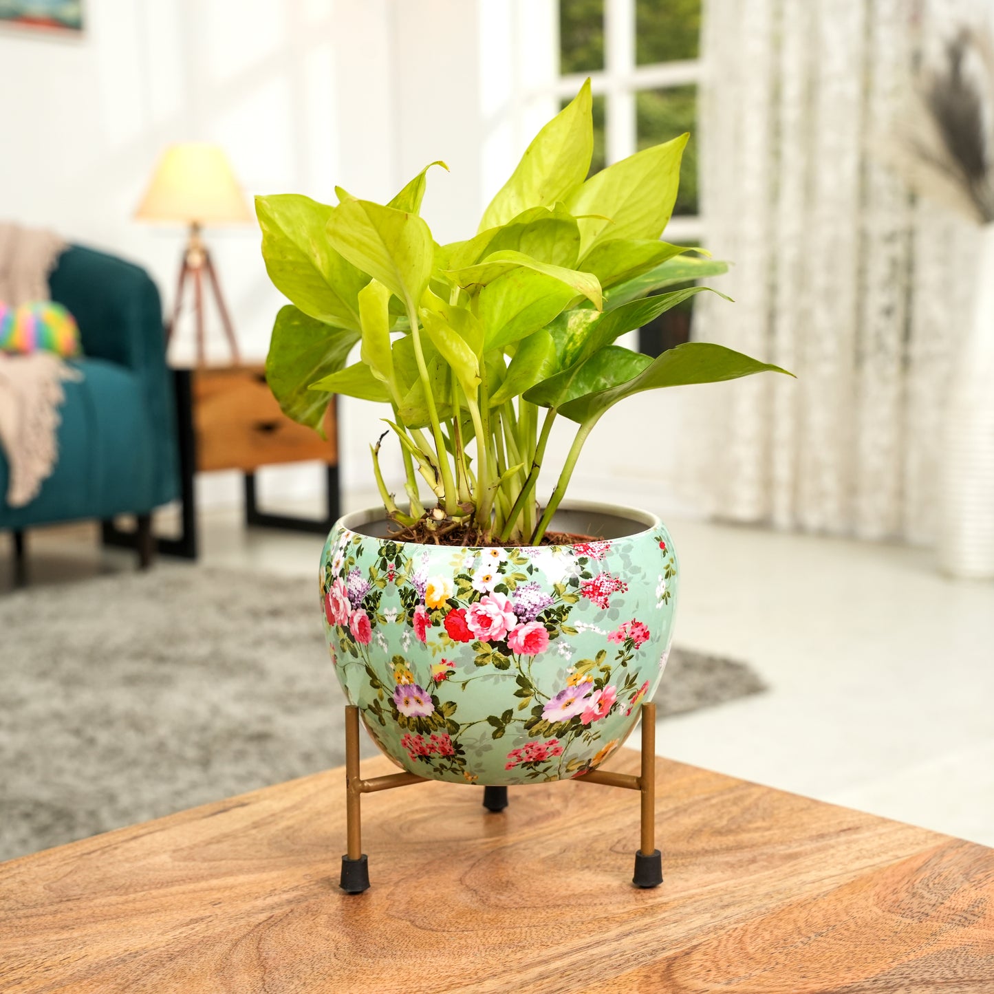 Elegant Blue Printed Metal Pot with stand- 5 inches