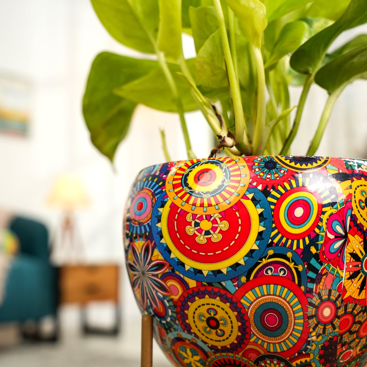 Rainbow Mandala  Printed Metal Pot with stand- 5 inches