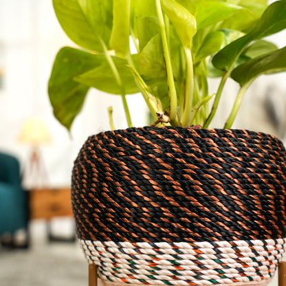 Brown Thread Woven Metal Pot with stand- 5.9 inches