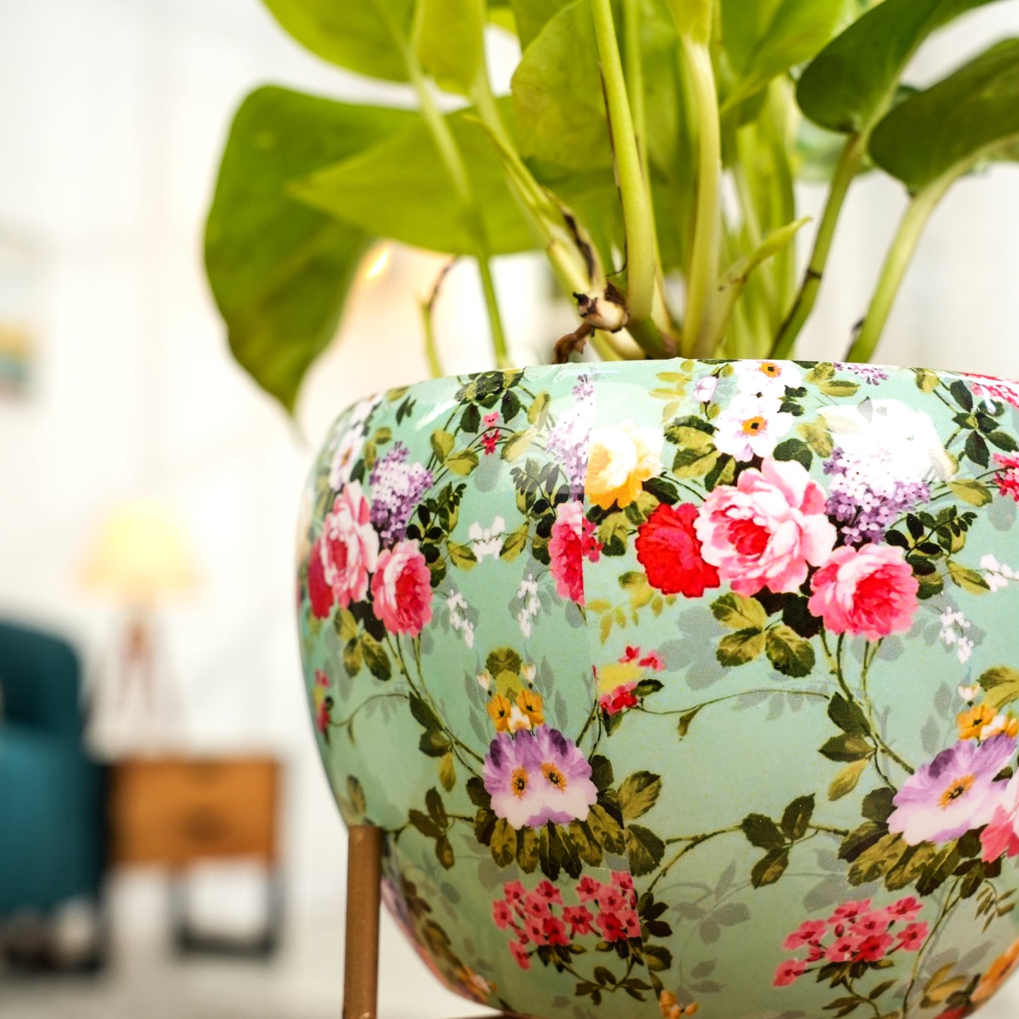 Elegant Blue Printed Metal Pot with stand- 5 inches