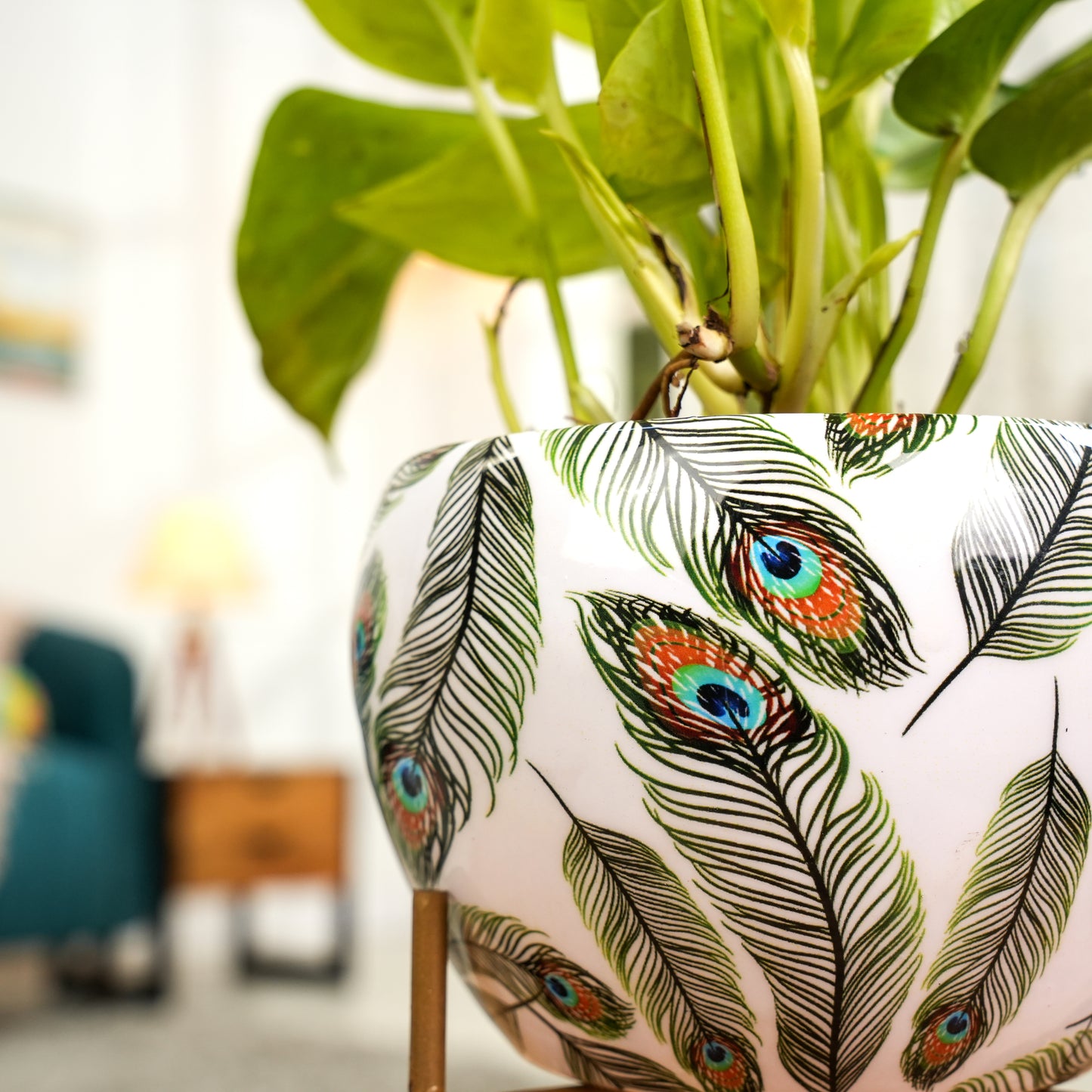 Peacock White  Printed Metal Pot with stand- 5 inches (Only Pot)