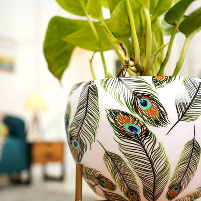 Peacock White  Printed Metal Pot with stand- 5 inches (Only Pot)