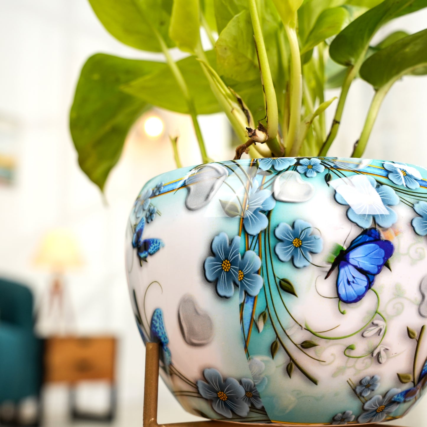 White Floral Printed Metal Pot with stand- 5 inches