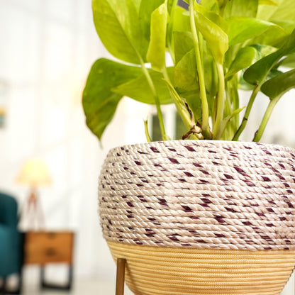 Beige Thread Woven Metal Pot with stand- 5.9 inches (Only Pot)