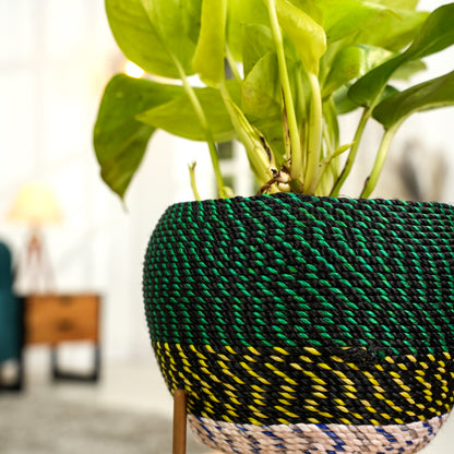 Green Thread Woven  Metal Pot with stand- 5.9 inches (Only Pot)