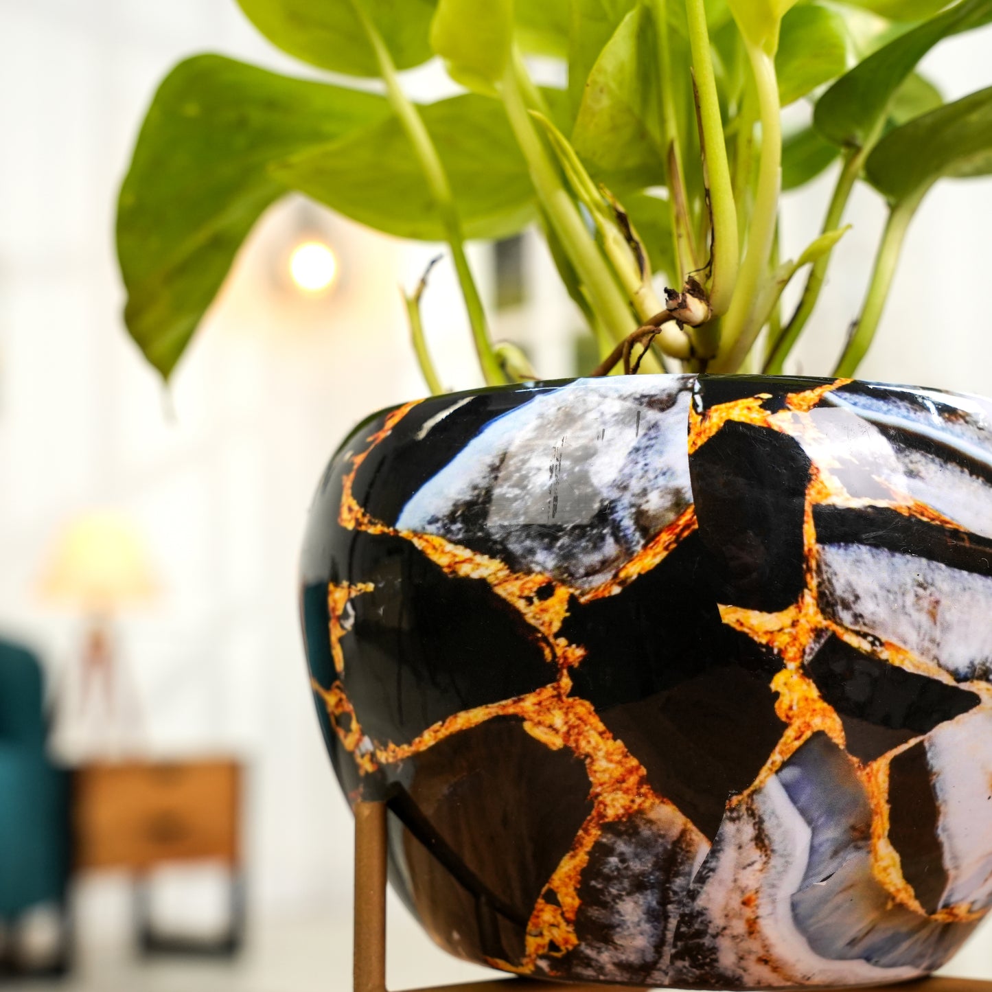 Black Gold Marble  Printed Metal Pot with stand- 5 inches