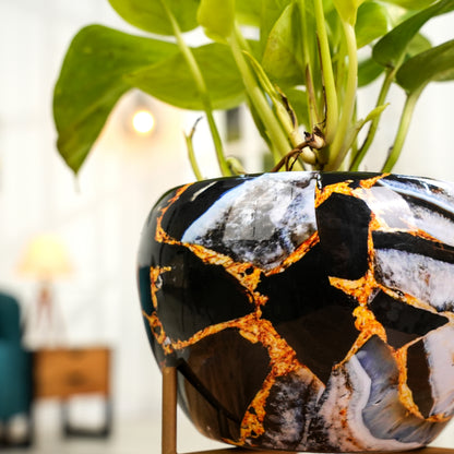 Black Gold Marble  Printed Metal Pot with stand- 5 inches