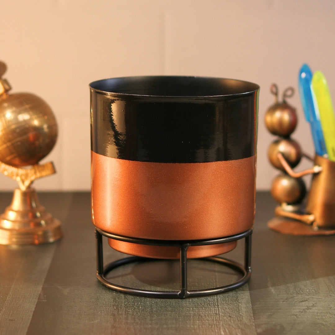 Royal Black and copper Powder Coated Metal Pot with stand - 5 inches(Only Pot)