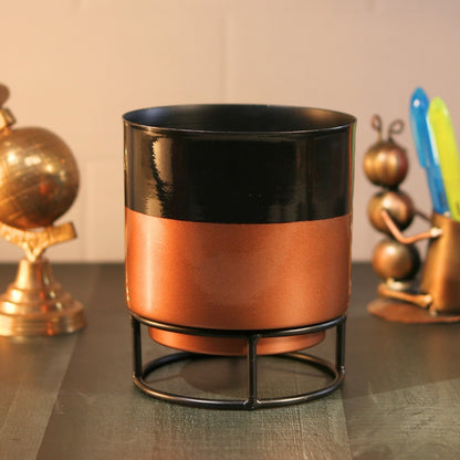 Royal Black and copper Powder Coated Metal Pot with stand - 5 inches(Only Pot)