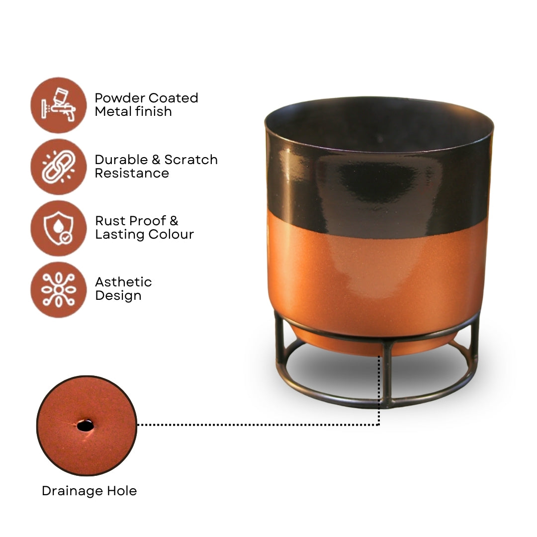 Royal Black and copper Powder Coated Metal Pot with stand - 5 inches(Only Pot)