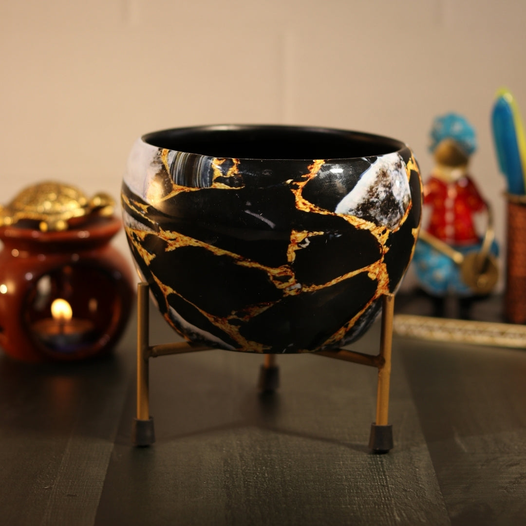 Black Gold Marble  Printed Metal Pot with stand- 5 inches