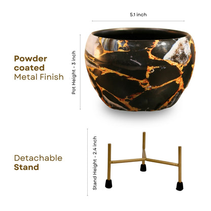 Black Gold Marble  Printed Metal Pot with stand- 5 inches