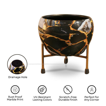 Black Gold Marble  Printed Metal Pot with stand- 5 inches