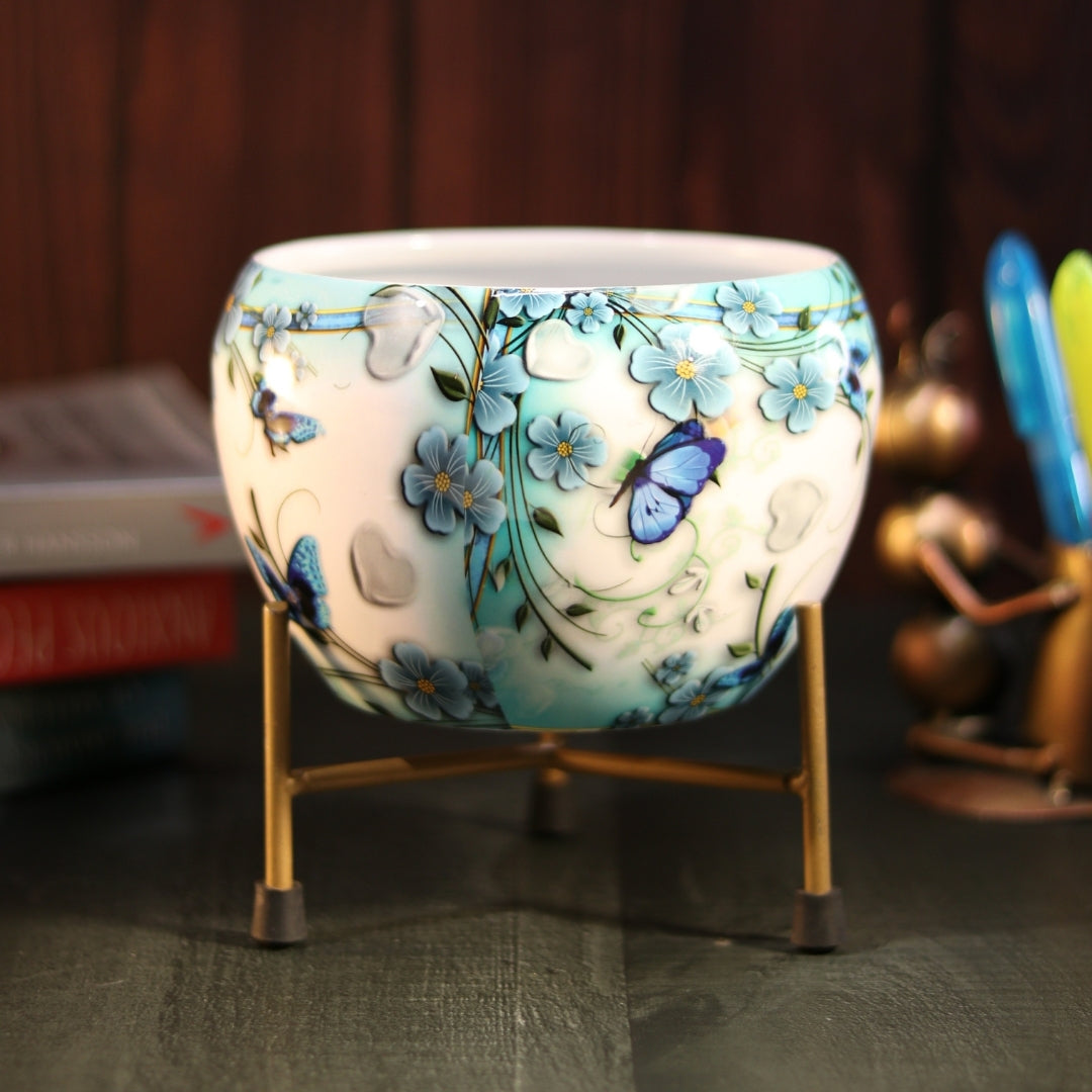 White Floral Printed Metal Pot with stand- 5 inches