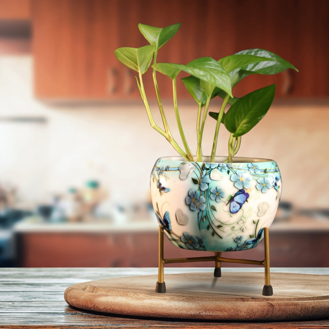 White Floral Printed Metal Pot with stand- 5 inches