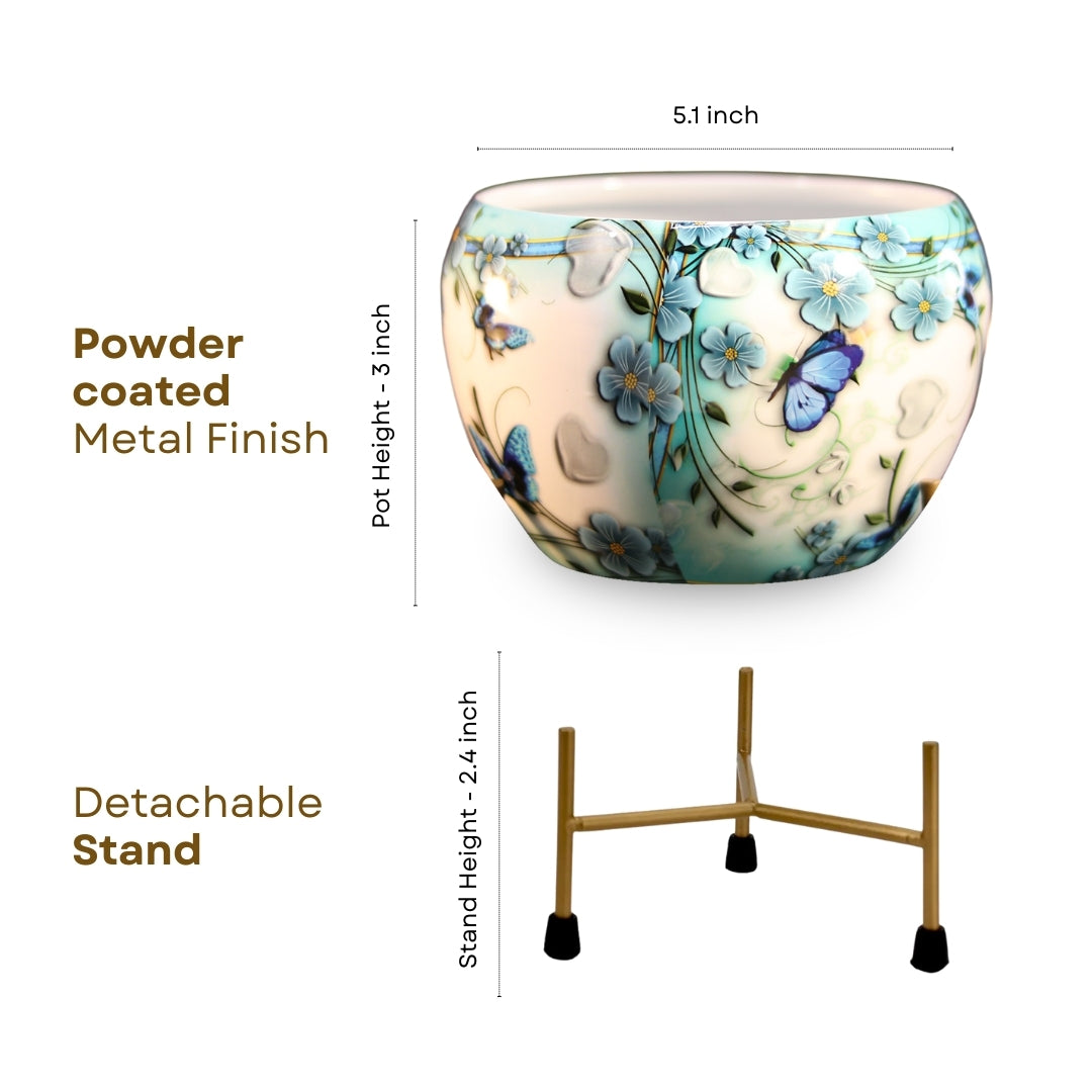 White Floral Printed Metal Pot with stand- 5 inches
