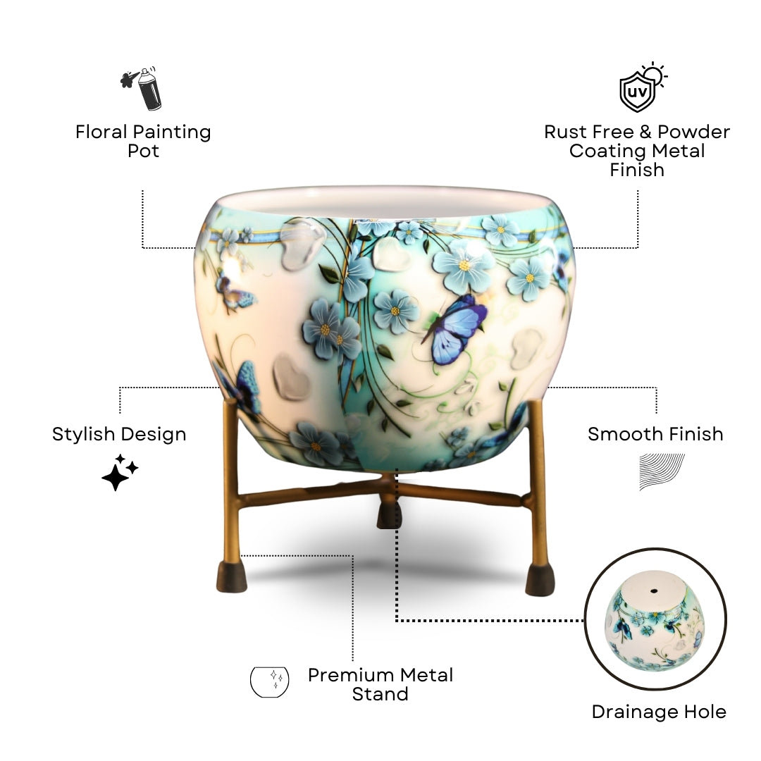 White Floral Printed Metal Pot with stand- 5 inches