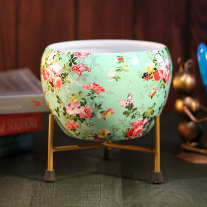 Elegant Blue Printed Metal Pot with stand- 5 inches