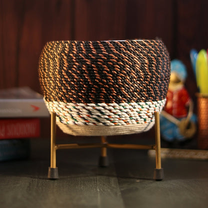 Brown Thread Woven Metal Pot with stand- 5.9 inches