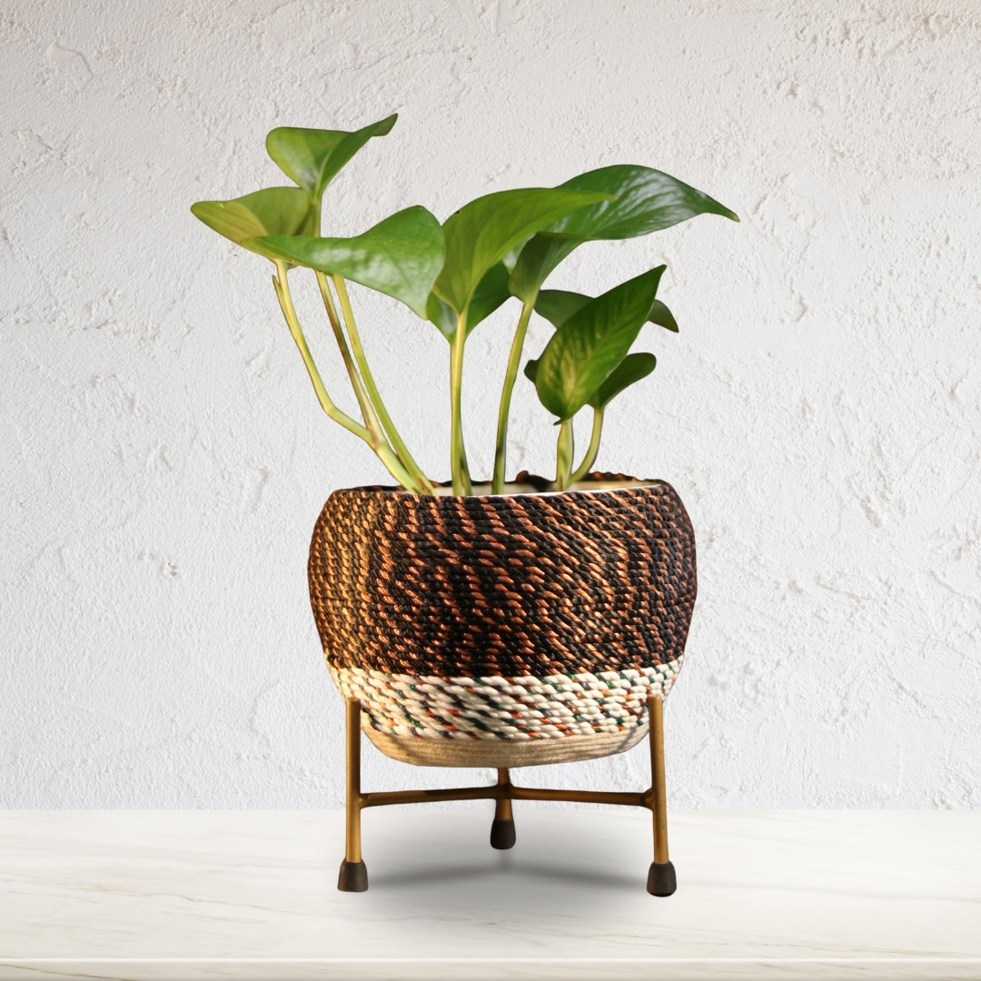 Brown Thread Woven Metal Pot with stand- 5.9 inches