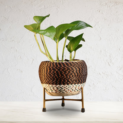 Brown Thread Woven Metal Pot with stand- 5.9 inches