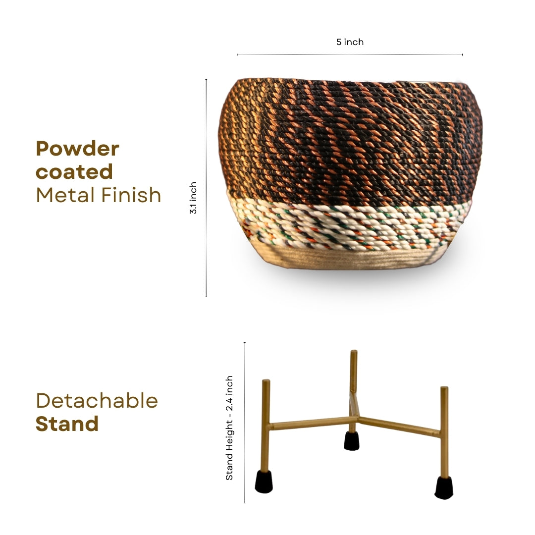 Brown Thread Woven Metal Pot with stand- 5.9 inches