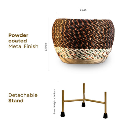 Brown Thread Woven Metal Pot with stand- 5.9 inches