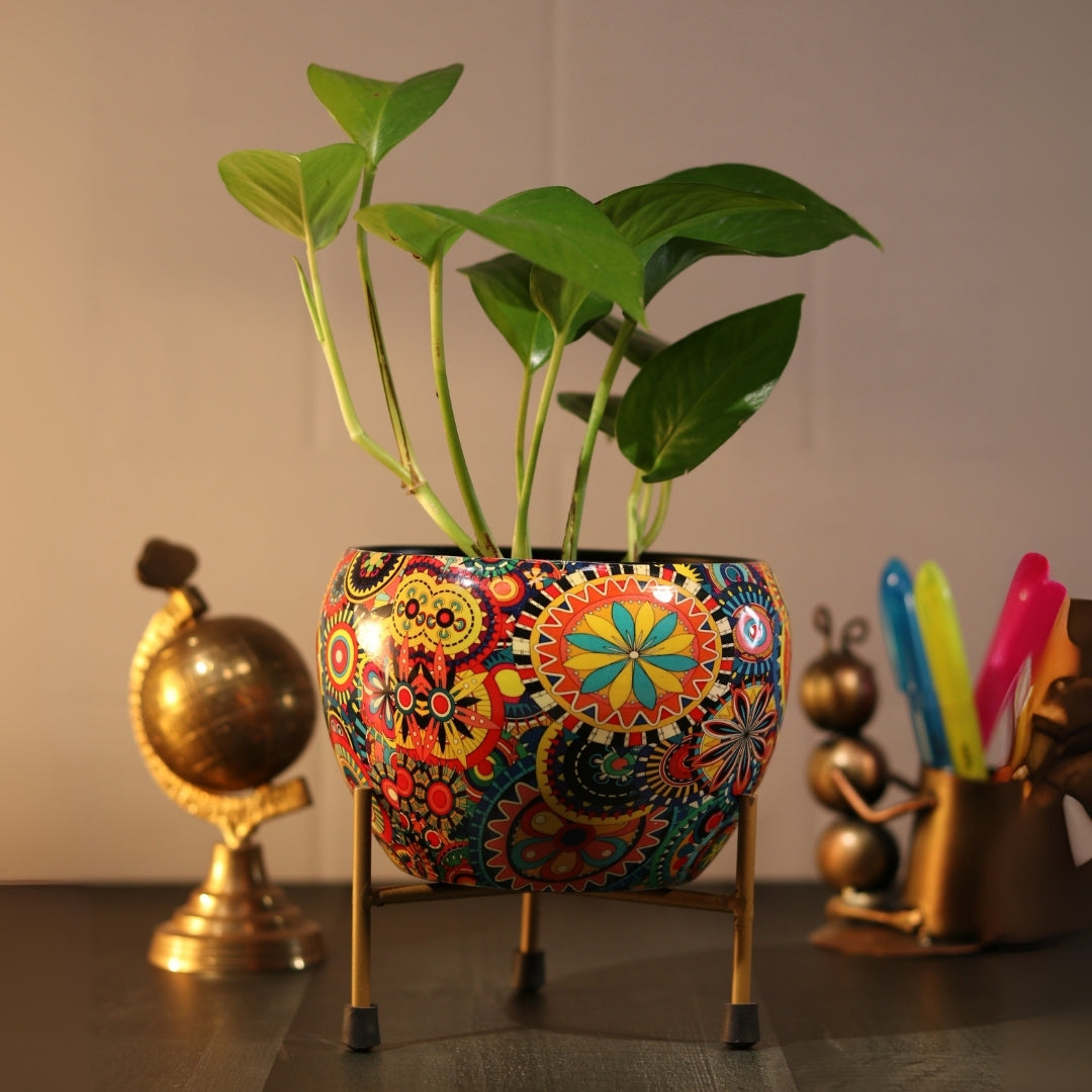 Rainbow Mandala  Printed Metal Pot with stand- 5 inches