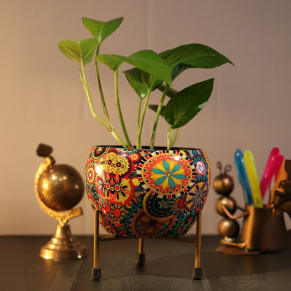 Rainbow Mandala  Printed Metal Pot with stand- 5 inches