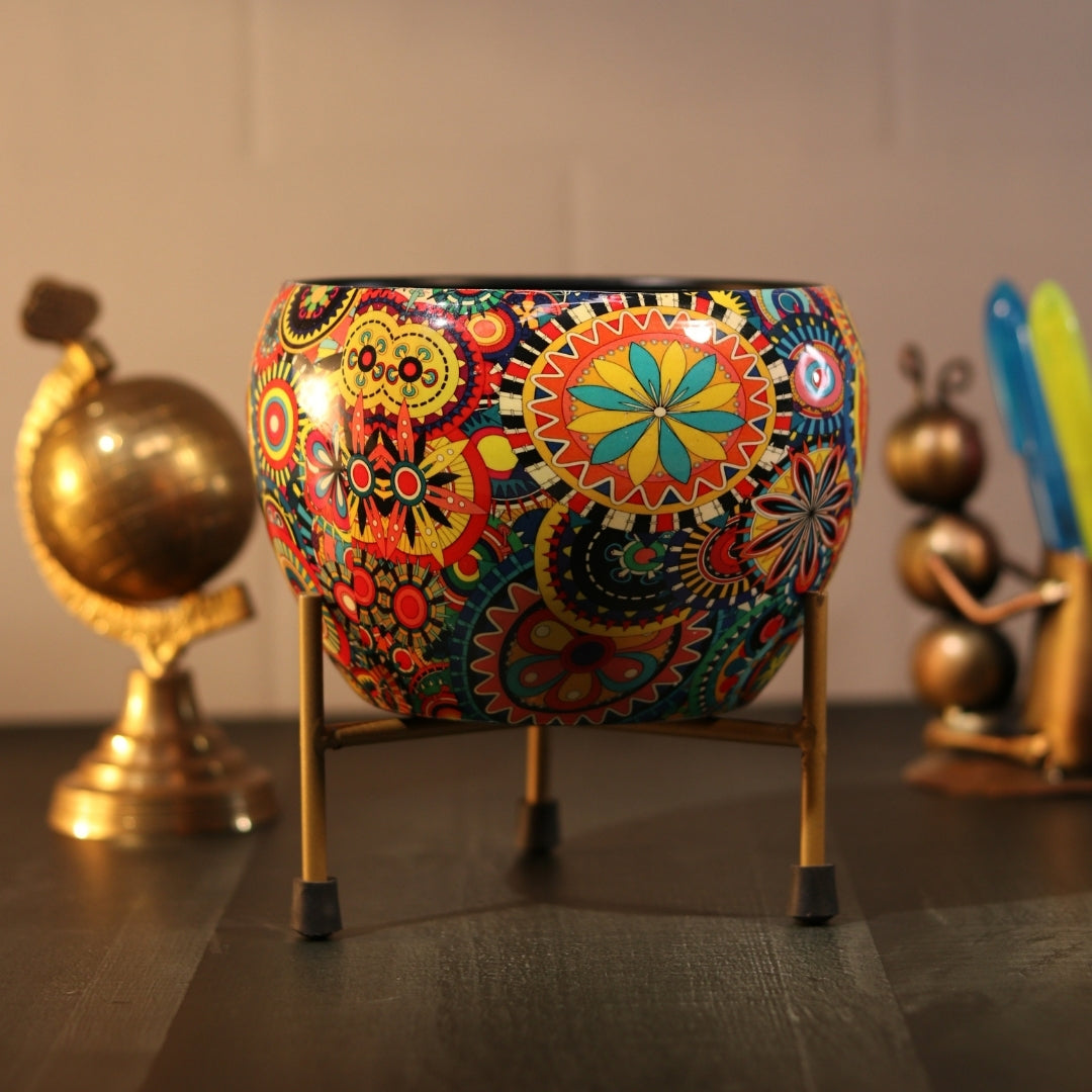 Rainbow Mandala  Printed Metal Pot with stand- 5 inches