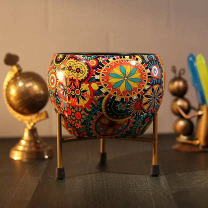 Rainbow Mandala  Printed Metal Pot with stand- 5 inches