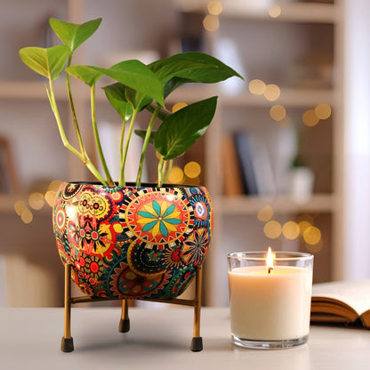 Rainbow Mandala  Printed Metal Pot with stand- 5 inches